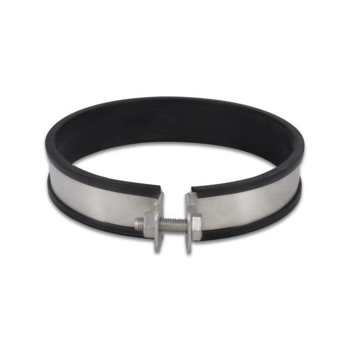 Vibrant Performance stainless steel muffler strap clamp with thick black rubber liner for 160mm O.D. canisters.