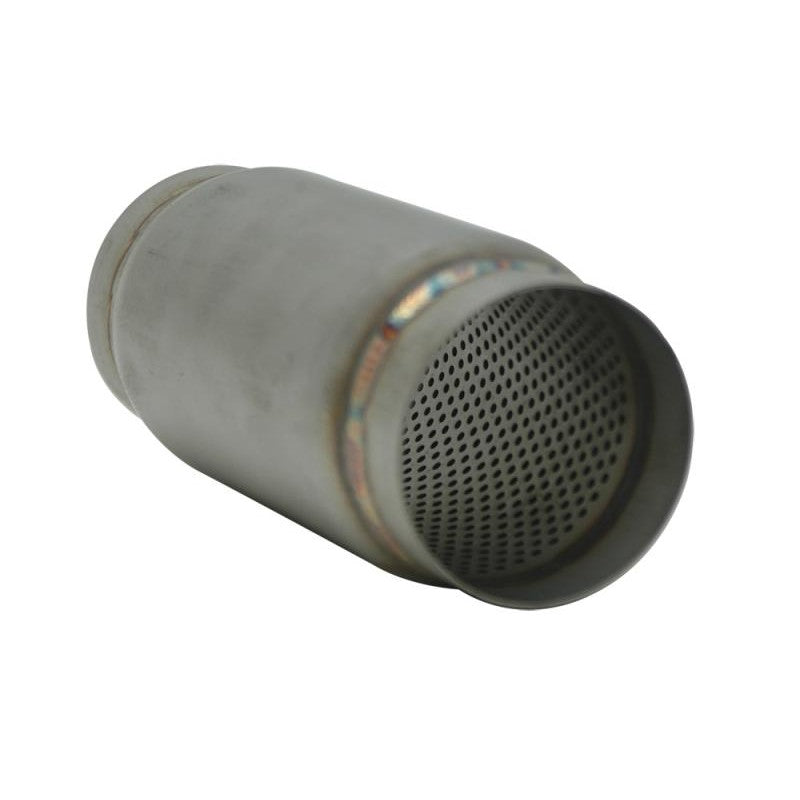 Compact 304 stainless steel cylindrical race muffler with 3-inch inlet and outlet and brushed finish.