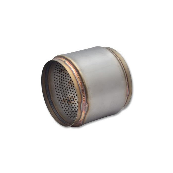 Cylindrical 5-inch 304 stainless steel race muffler with TIG welded seams and 5-inch inlet and outlet openings.