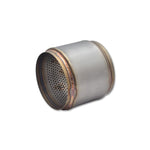 Cylindrical 5-inch 304 stainless steel race muffler with TIG welded seams and 5-inch inlet and outlet openings.
