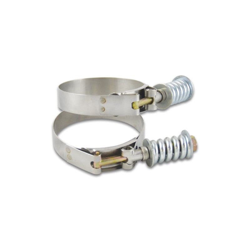 Two Vibrant Performance stainless steel spring-loaded T-bolt clamps with zinc-plated hardware and floating bridges.
