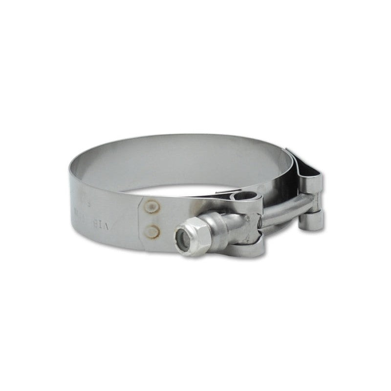 Two 300-series stainless steel T-bolt clamps with 3.38 to 3.62 inch adjustment range for silicone couplers.