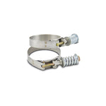 Pair of Vibrant Performance spring-loaded T-bolt clamps featuring stainless steel bands and zinc-plated hardware.