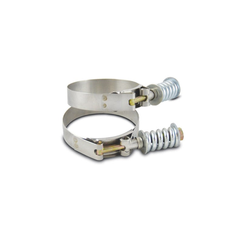 Pair of Vibrant Performance spring-loaded T-bolt clamps featuring stainless steel bands and zinc-plated hardware.