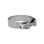 Two Vibrant Performance 300-series stainless steel T-bolt clamps with 3/4 inch wide bands and heavy duty hardware.