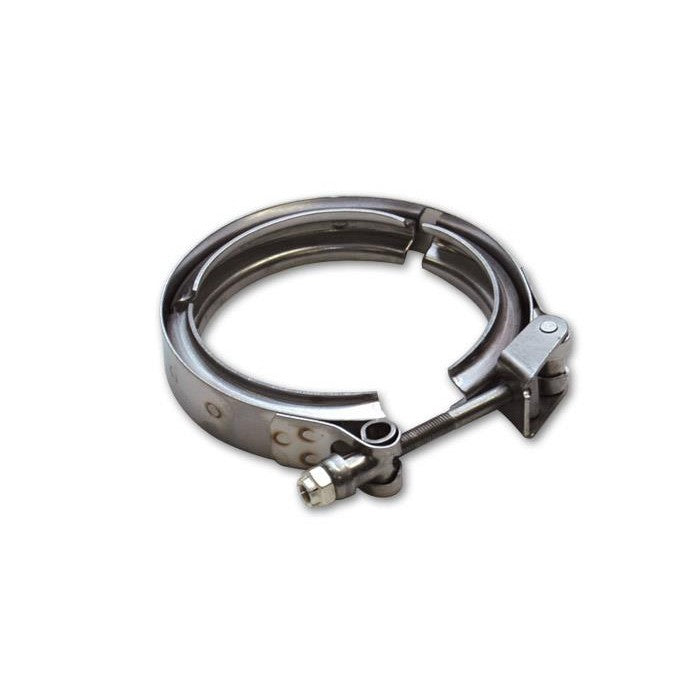 Stainless steel V-band clamp with quick release mechanism for Tial GT28, GT30, and GT35 turbo housings.