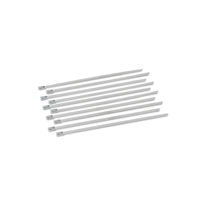Ten 14.5-inch Vibrant Performance stainless steel locking cable ties for high-temperature automotive applications.