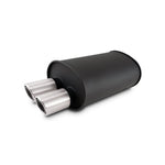 Vibrant STREETPOWER flat black oval muffler featuring a 3 inch inlet and dual offset 3 inch exhaust tips.
