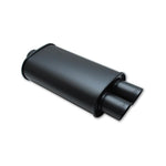 Flat black Vibrant StreetPower oval muffler featuring a single 2.5 inch inlet and dual 3 inch outlet tips.