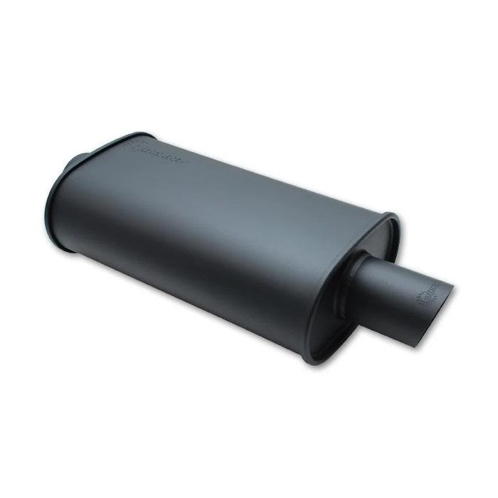 Vibrant Performance flat black oval muffler with a 2.5-inch inlet and a single 3-inch exhaust tip.