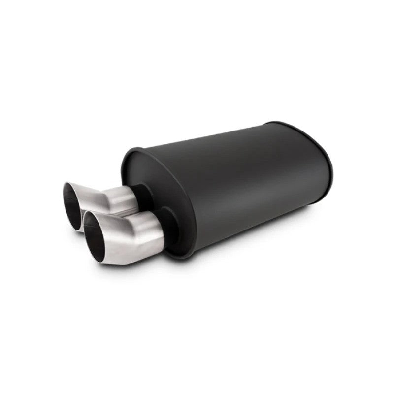 Vibrant Streetpower 12335 flat black stainless steel muffler with 2.5 inch inlet and dual 3 inch DTM tips.