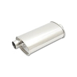 Polished T304 stainless steel oval muffler with 2.25-inch offset inlet and center outlet