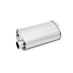 Polished 304 stainless steel Vibrant StreetPower oval muffler with 3-inch offset inlet and outlet.
