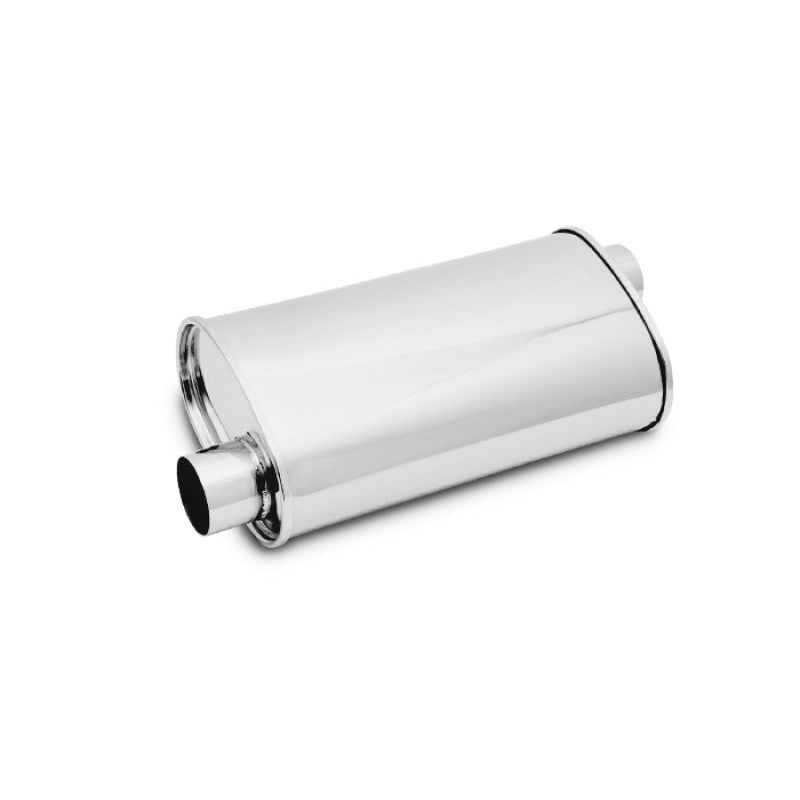 Polished 304 stainless steel 5x9 oval muffler with 2.5 inch offset inlet and offset outlet.