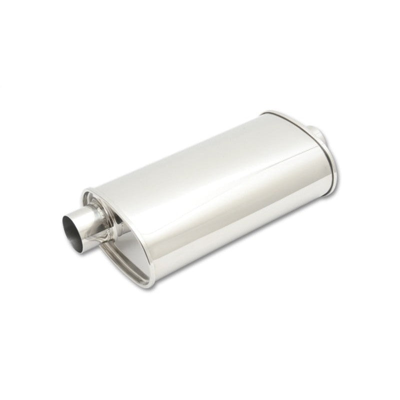 Polished 304 stainless steel Vibrant StreetPower oval muffler with 2.5 inch offset-center inlet and outlet
