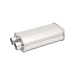 Vibrant Performance StreetPower polished 304 stainless steel oval muffler with 2.5 inch inlet and dual 2.25 inch outlets