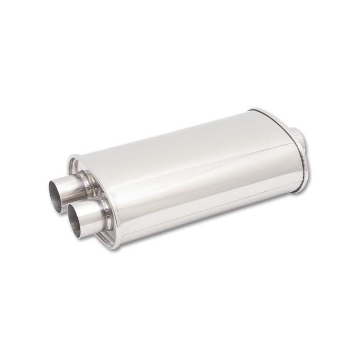 Vibrant Performance StreetPower polished 304 stainless steel oval muffler with 2.5 inch inlet and dual 2.25 inch outlets