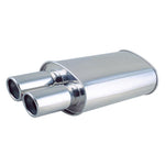 Polished 304 stainless steel transverse oval muffler featuring a 3-inch side inlet and dual 2.5-inch split outlets.
