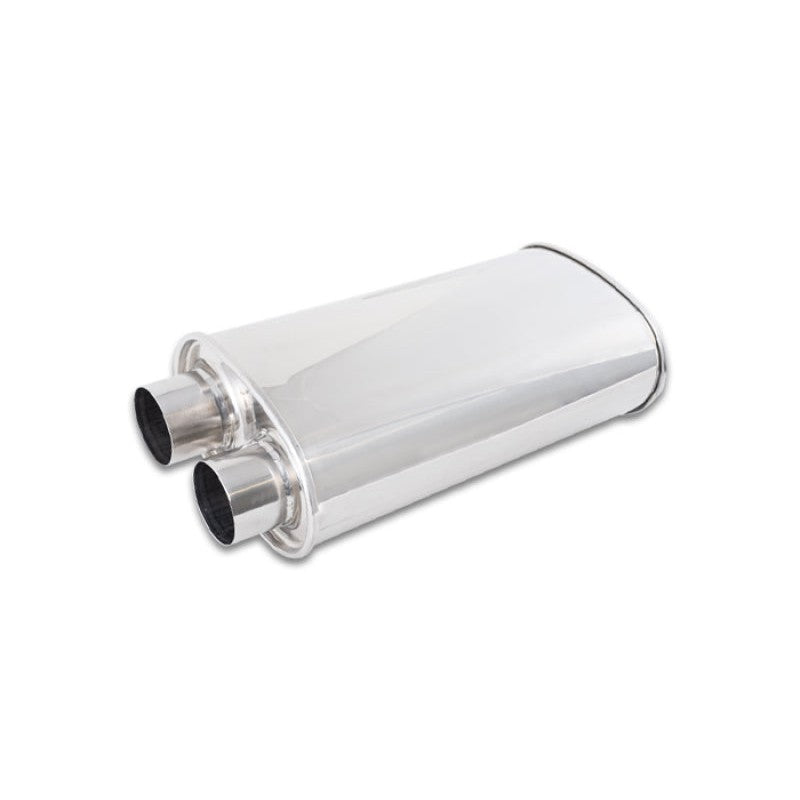 Polished 304 stainless steel oval muffler featuring a same-side 2.50 inch inlet and outlet configuration.