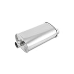 Polished 304 stainless steel Vibrant StreetPower oval muffler featuring a 2-inch center inlet and dual offset outlets.