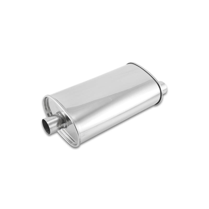 Polished 304 stainless steel Vibrant StreetPower oval muffler featuring a 2-inch center inlet and dual offset outlets.