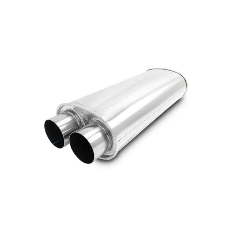 Vibrant Performance Streetpower series oval muffler featuring dual 3.0 inch inlets and outlets and an 18 inch body.