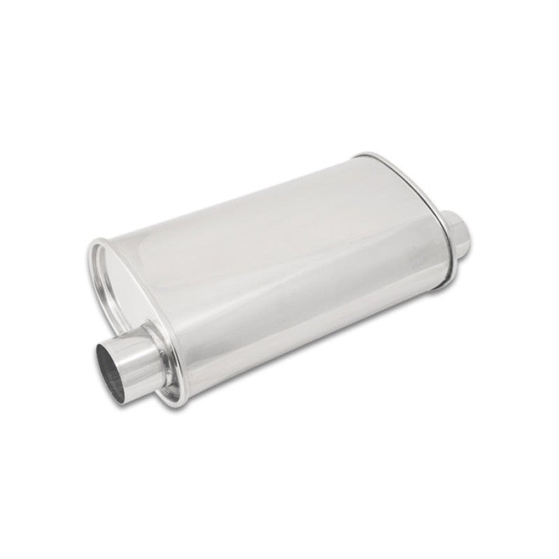 Polished 304 stainless steel oval muffler with 2.5 inch offset same side inlet and outlet ports.