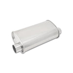 Polished 304 stainless steel oval muffler with 2.5 inch offset same side inlet and outlet ports.