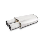 Polished T304 stainless steel oval muffler featuring a 3.00-inch straight cut tip and 2.50-inch inlet.