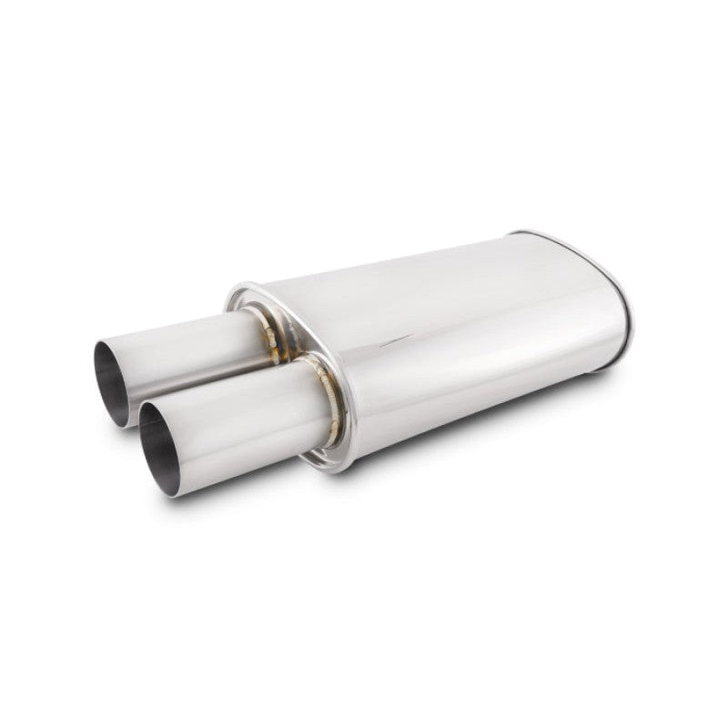 Polished T304 stainless steel oval muffler featuring a 3.00-inch straight cut tip and 2.50-inch inlet.