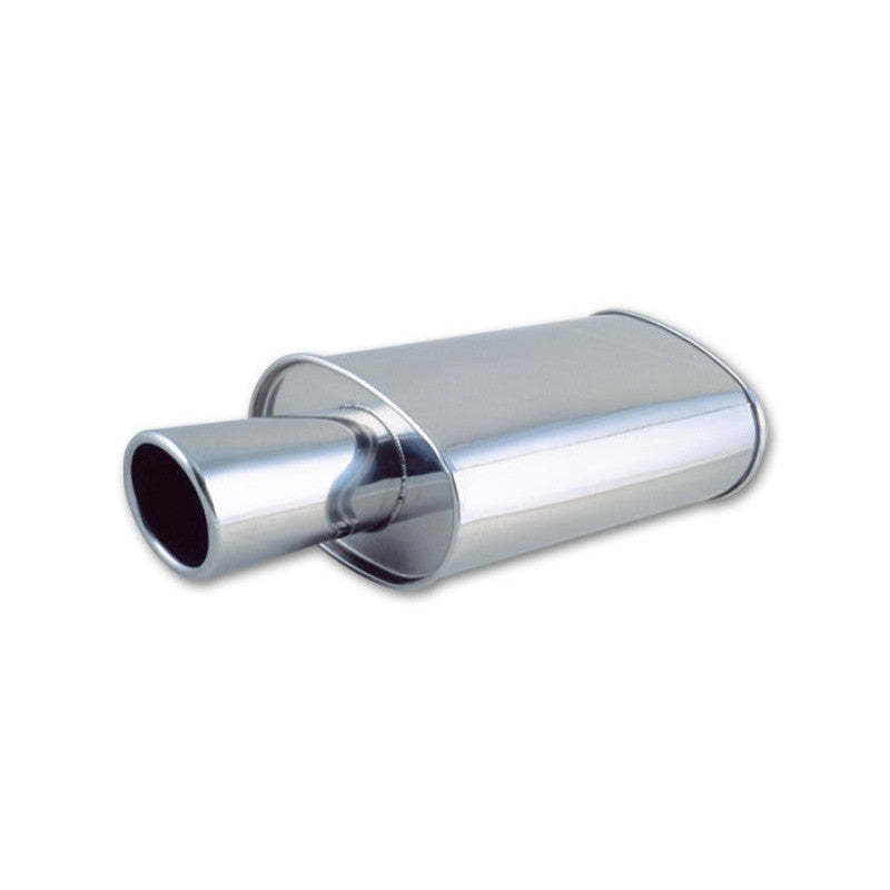 Polished 304 stainless steel oval muffler with 2.5 inch inlet and 4 inch angle cut rolled exhaust tip