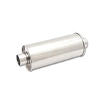 Polished 304 stainless steel Vibrant StreetPower 5x9x14 inch muffler with 4 inch center inlet and outlet.