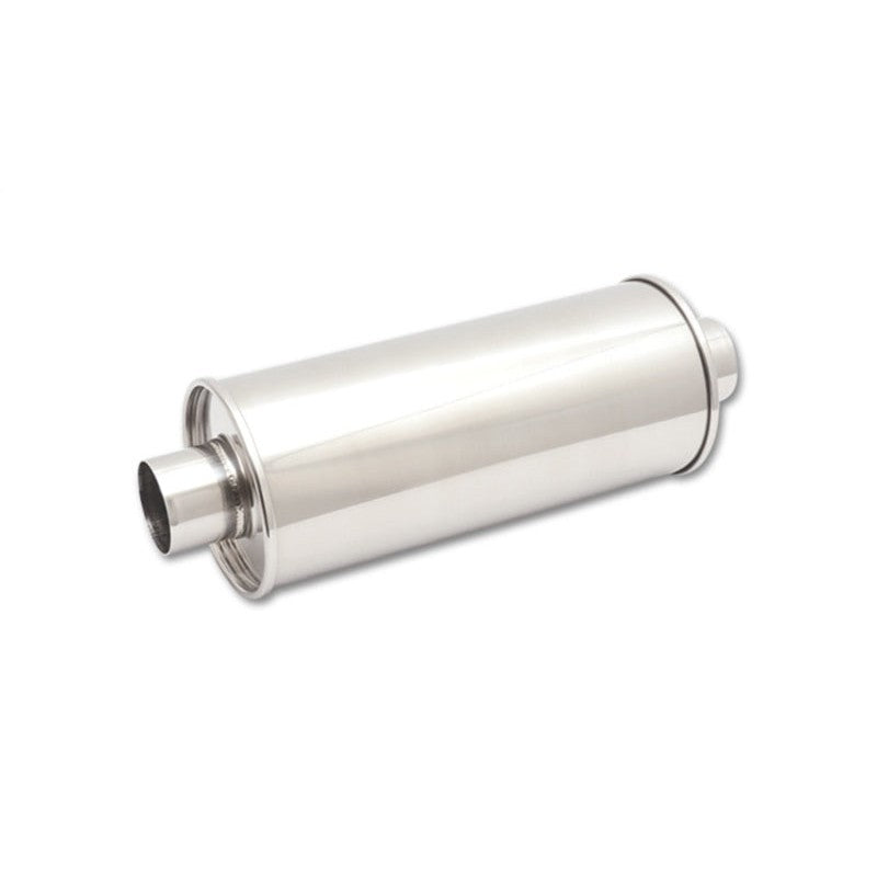 Polished 304 stainless steel Vibrant StreetPower oval muffler featuring 3-inch center-to-center inlet and outlet ports