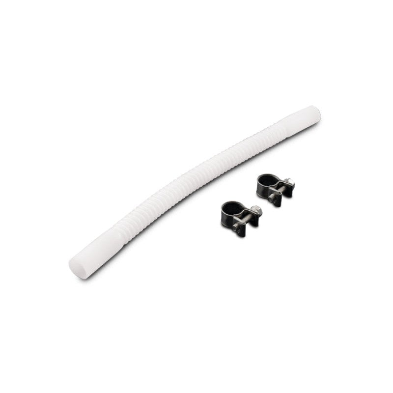Vibrant 3/8 inch diameter convoluted PTFE fuel tank tubing with two stainless steel hose clamps.