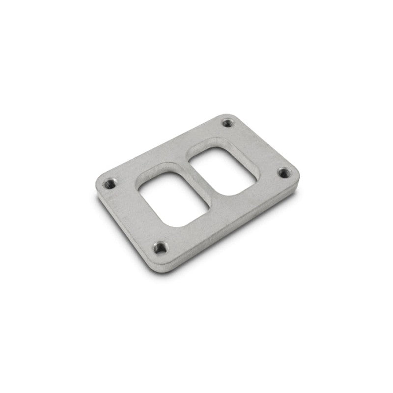 Vibrant T304 stainless steel T06 divided turbo inlet flange, 1/2 inch thick with laser-cut mounting holes.