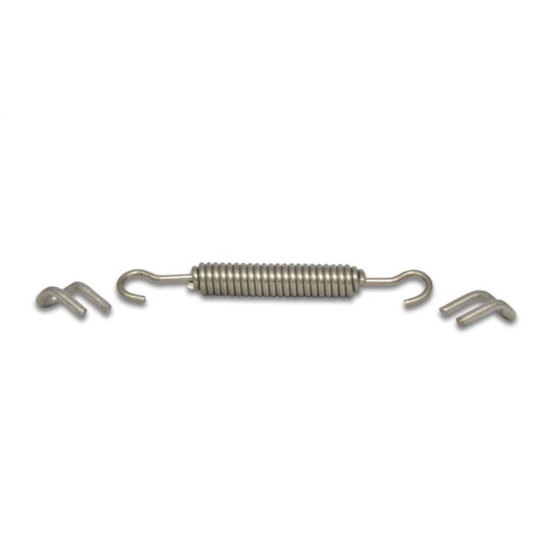 Two raw finish titanium weld tabs and one 3.5-inch coiled stainless steel spring.