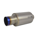 Vibrant Performance CP1 titanium muffler featuring a 2.5 inch inlet and a burnt blue straight-cut exhaust tip.
