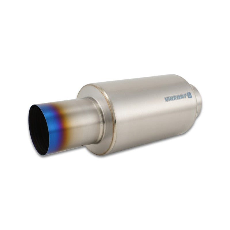 Vibrant Performance CP1 Grade Titanium muffler featuring a 4-inch inlet and outlet with a burnt straight cut tip.