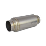 Silver CP1 grade titanium bottle-style exhaust resonator with 4-inch inlet and outlet ports
