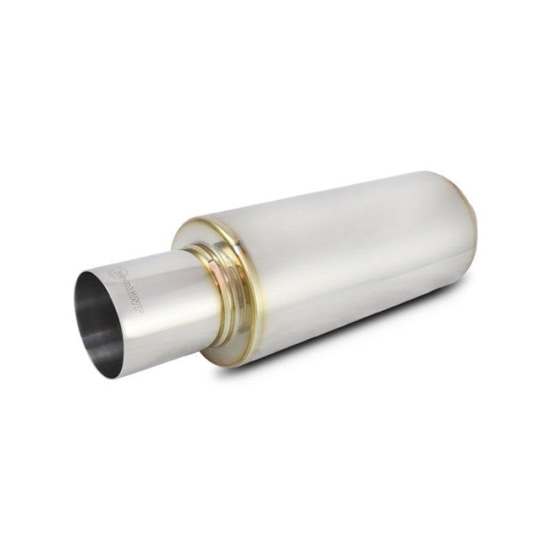 Polished 304 stainless steel Vibrant TPV Turbo Round Muffler with 3-inch inlet and 4-inch straight cut tip.