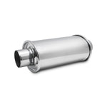 Polished 304 stainless steel Vibrant Performance Ultra Quiet resonator with 2 inch inlet and outlet pipes.