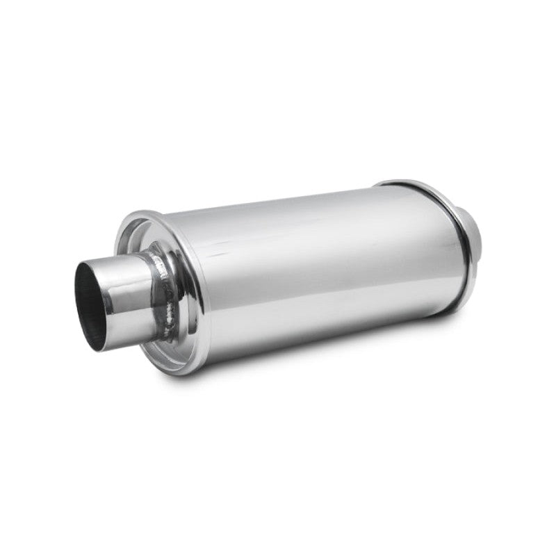 Polished 304 stainless steel Vibrant Performance Ultra Quiet resonator with 2 inch inlet and outlet pipes.
