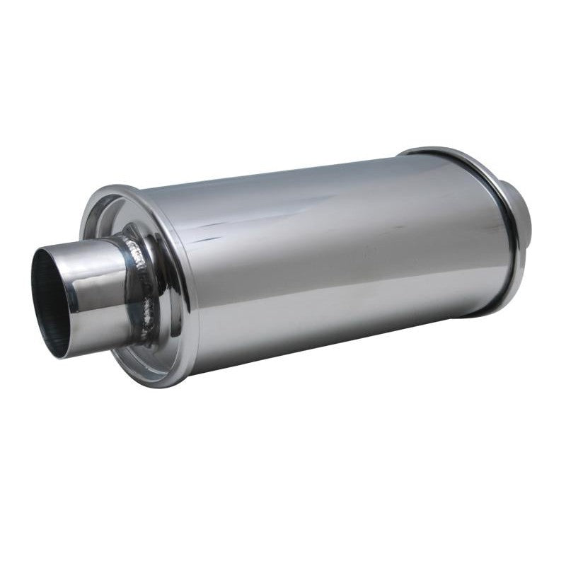 Polished 304 stainless steel Vibrant Performance Ultra Quiet resonator with 3 inch inlet and outlet.