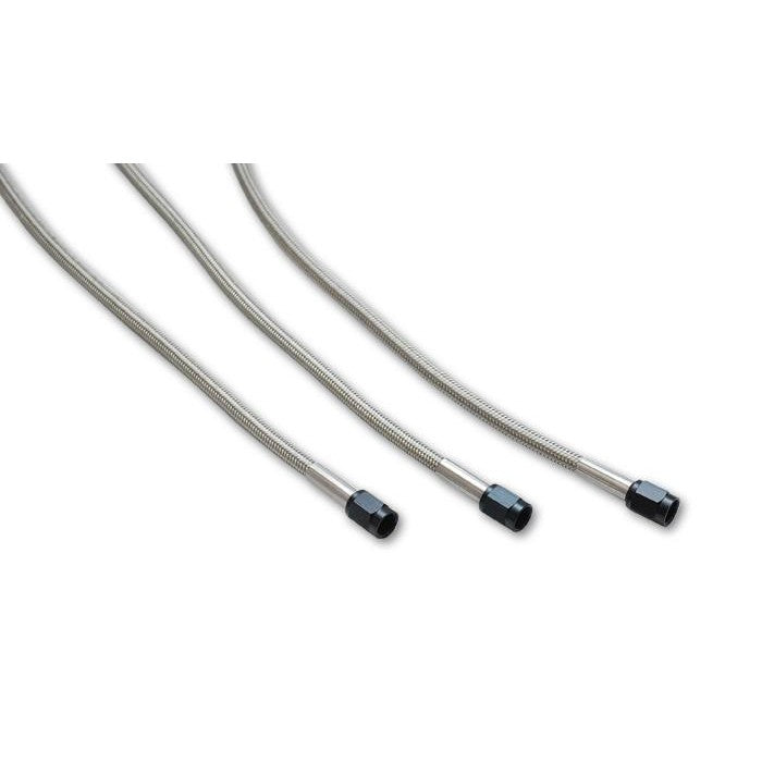 Stainless steel braided 2ft hose with black anodized -3AN female crimped fittings on both ends.