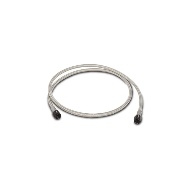 4ft stainless steel braided hose with two black anodized -3AN female crimped fittings and PTFE liner.