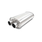 Polished T304 stainless steel oval muffler featuring dual 2.25-inch inlets and outlets.