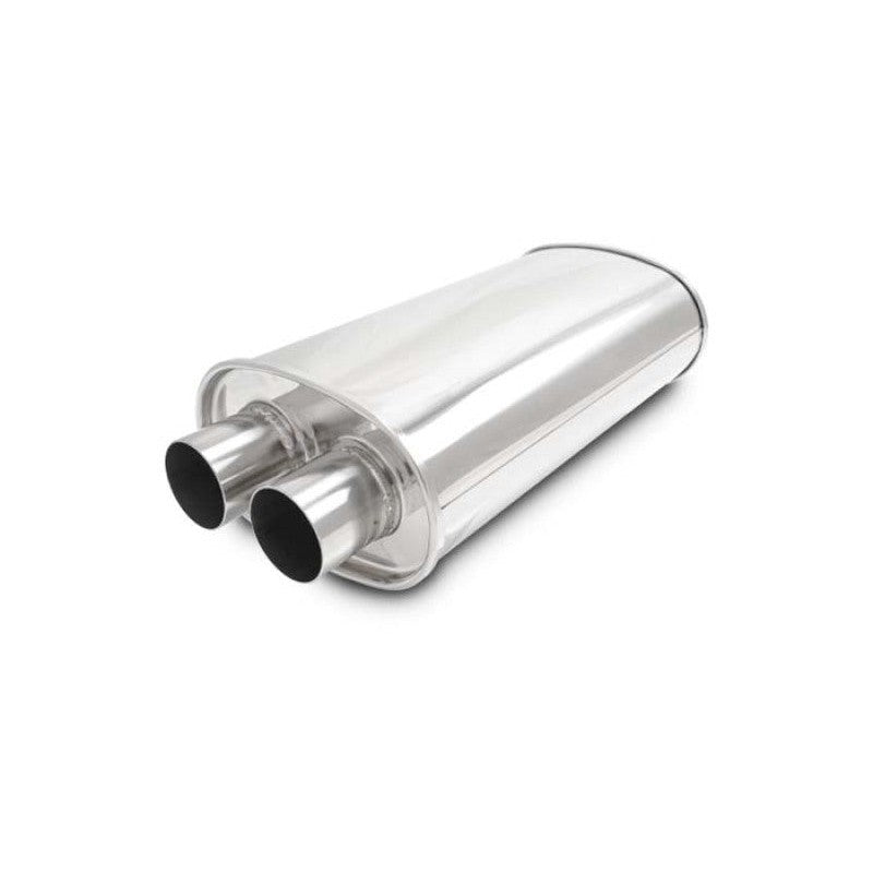Polished T304 stainless steel oval muffler featuring dual 2.25-inch inlets and outlets.