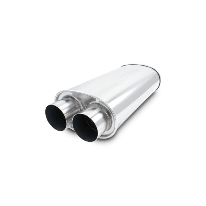 Mirror polished 304 stainless steel oval muffler with dual 2.5 inch inlets and outlets, Vibrant StreetPower series.