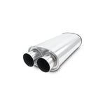 Mirror polished 304 stainless steel oval muffler with dual 2.5 inch inlets and outlets, Vibrant StreetPower series.