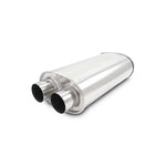 Polished T304 stainless steel oval muffler with dual 3-inch inlets and outlets for universal exhaust systems.